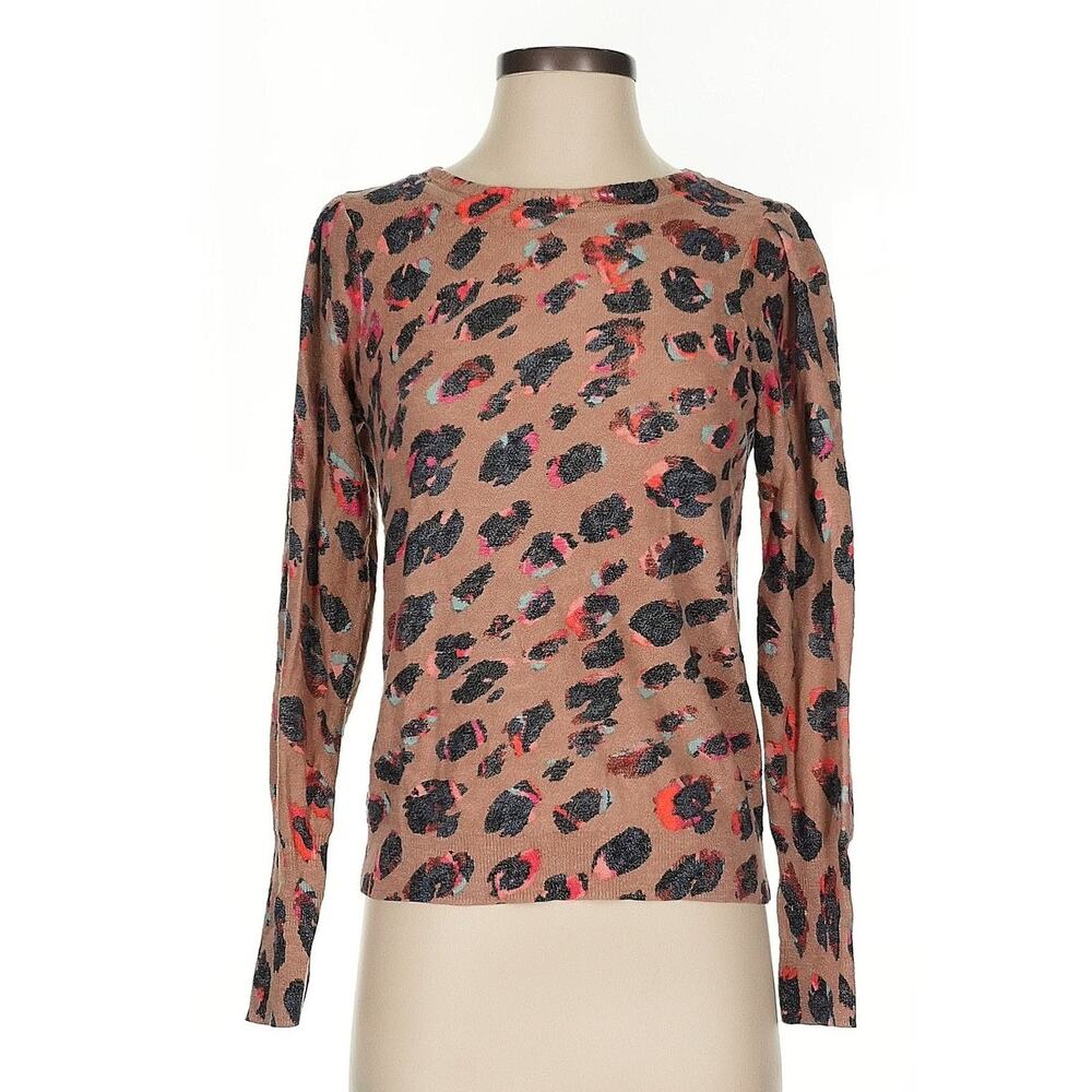 Nic + Zoe Multicolor Cheetah Animal Print Thin Knit Long Sleeve Pullover Sweater